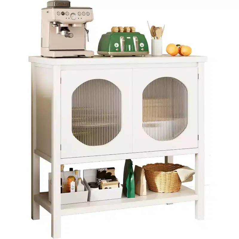 Modern Coffee Bar Cabinet with Reeded Glass Doors and Open Shelf, Buffet Sideboard Console Table for Entryway, Kitchen, Dining Room, Living Room