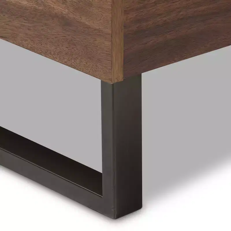 Queen Mitchell Rustic Industrial Walnut & Faux Leather Bed - Baxton Studio: Steel Legs, Padded Headboard
