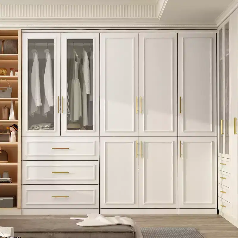 Famapy Luxe White Modular Wardrobe Armoire with Gold Hardware: Panelled Doors + Mixed-Door Design  Elegant Custom Closet for Bedrooms