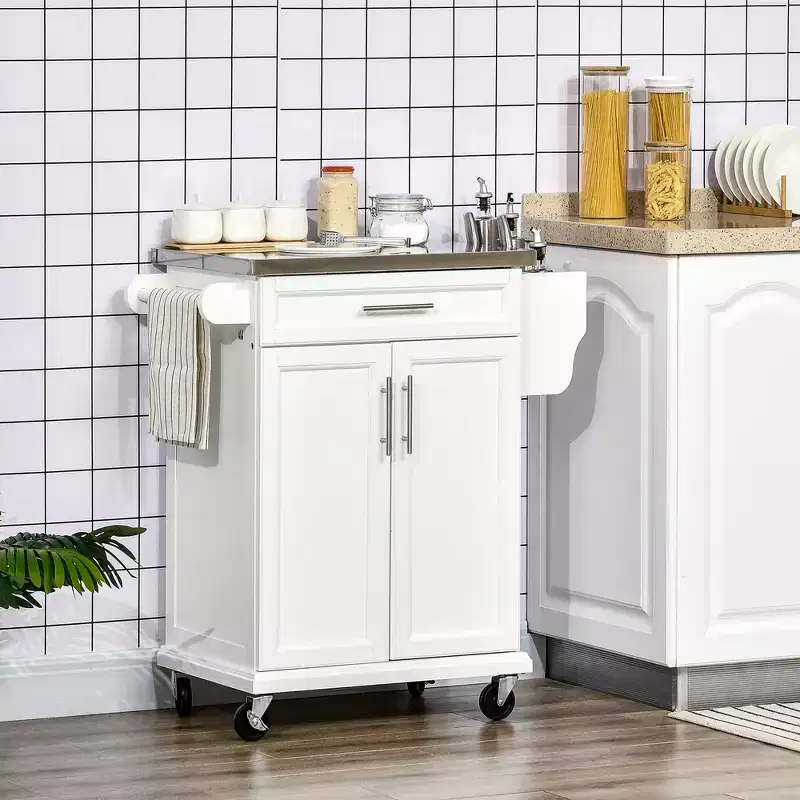 White Stainless Steel Top 33 in. Kitchen Island Cart with Utility Storage, Drawers, Spice Rack, Towel Rack, and 4 Wheels