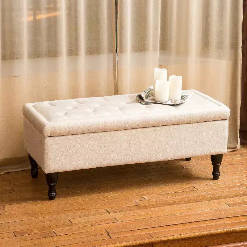 Fabric Storage Ottoman Tufted with Hinged Lid and Dark Wood Legs