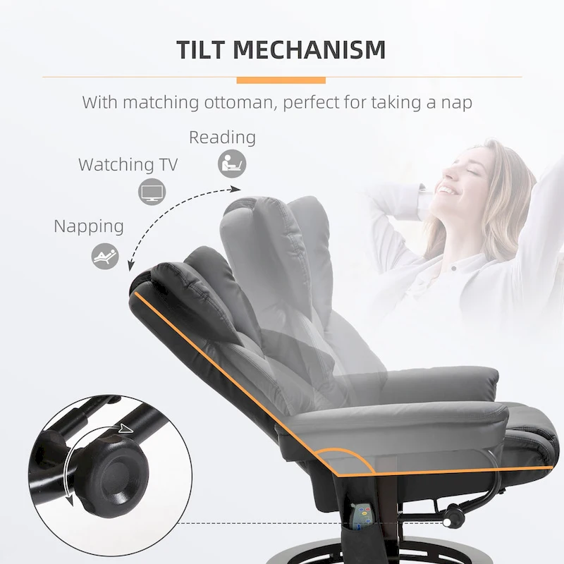 Black Faux Leather 360 Swivel Manual Recliner Set with Ottoman, 10 Vibration Massage Points, Side Pocket
