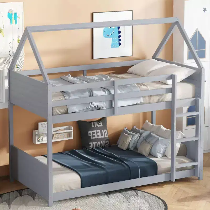Twin House Floor Bunk Bed with Headboards, Footboards and Guardrails, Ladder, Rubber Wood Bunk Bed with Safety Guardrails,Light Grey