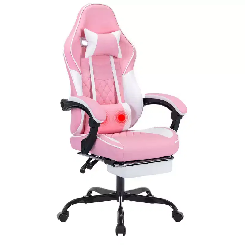 MAYEERTY Ergonomic Video Gamer Chairs, Computer Gaming Chairs with Massage Lumbar Support and Footrest Pink White