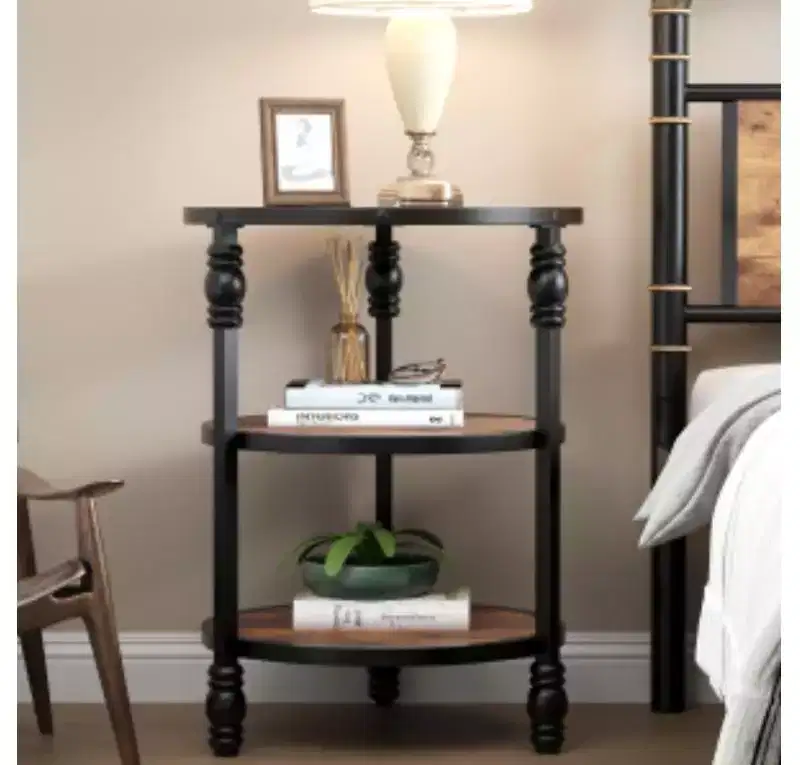Black & Brown Round Side Table for 1, Iron Frame + Wood Top