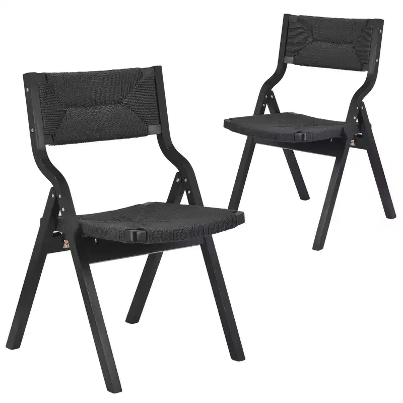 Wooden Dining Chairs, Folding Dining Chairs with Woven Seat and Webbing Back, Stackable Dining Chairs for Dining Room