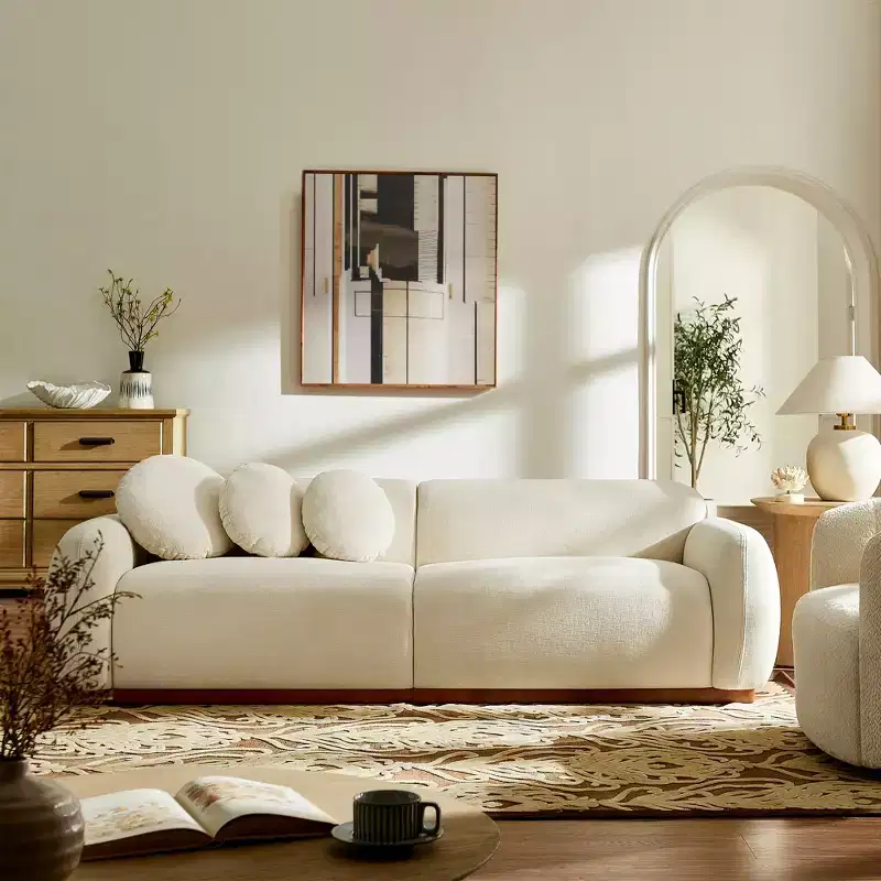 Cream White Curved Chenille Sofa, 3-Seater