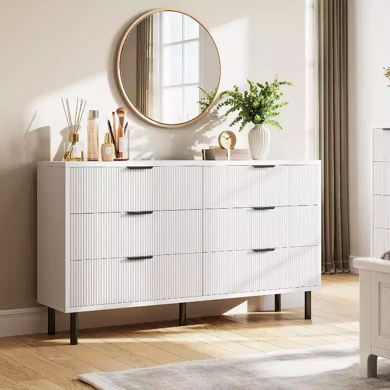 59 6 Drawer Dresser, Modern Fluted Cabinet with Metal Handles, Wooden Storage for Bedroom/Living Room