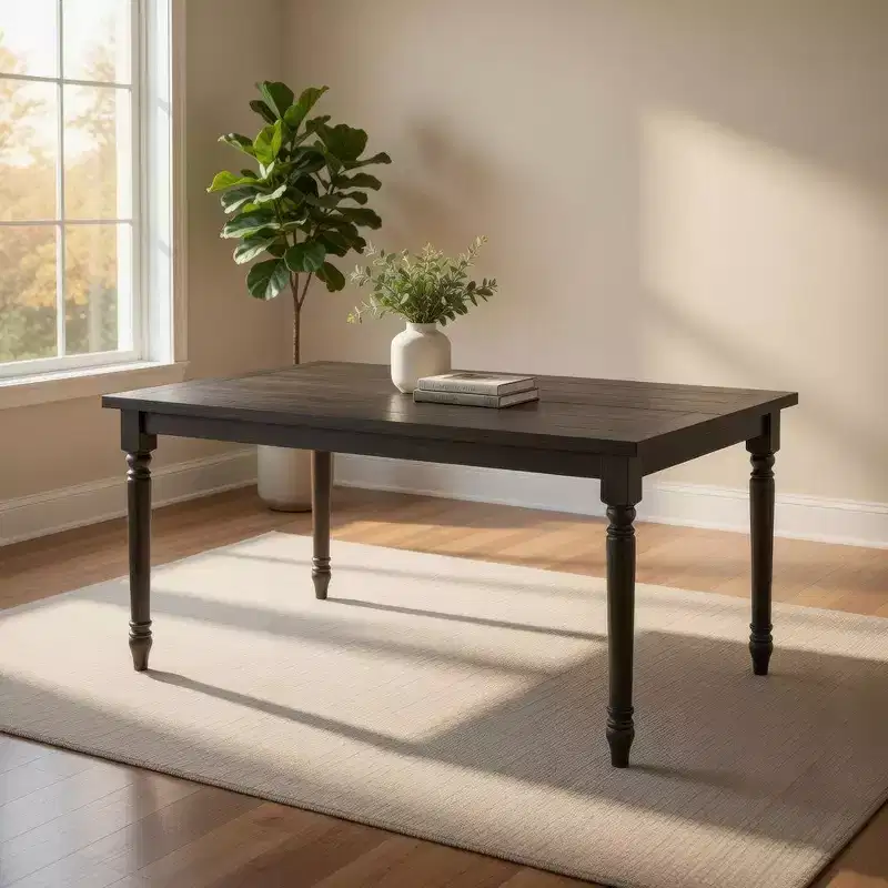 Hampton Style Wooden Dining Table with Rectangular Top and Turned Legs, Gray