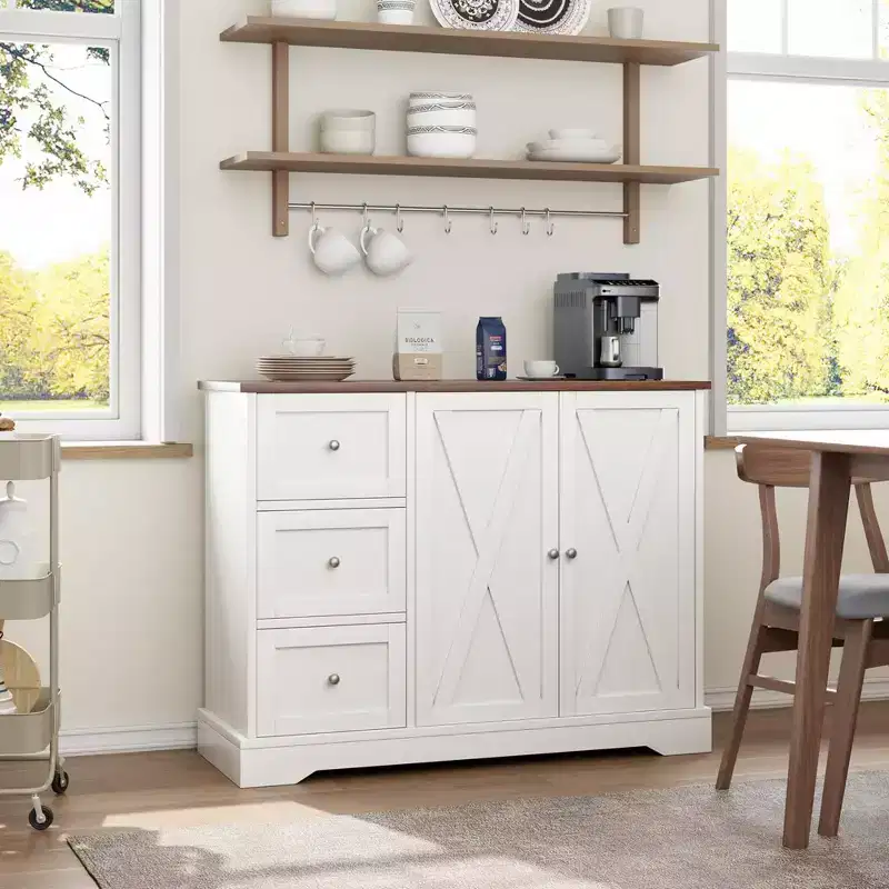Buffet Cabinet with Storage, Coffee Bar Cabinet with 3 Drawers for Kitchen Dining Room, White