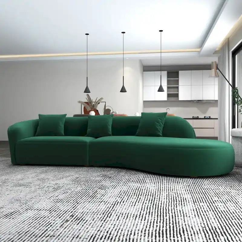 Gold / Dark Green Velvet Curved Tufted Sofa – 2-Seat