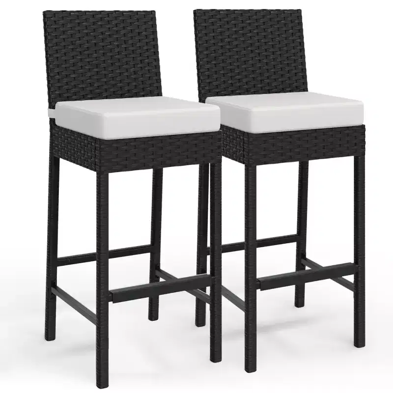 Outdoor Wicker Bar Stools Set of 2, Armless Outdoor Rattan Barstools with Cushions, for Backyard, Poolside