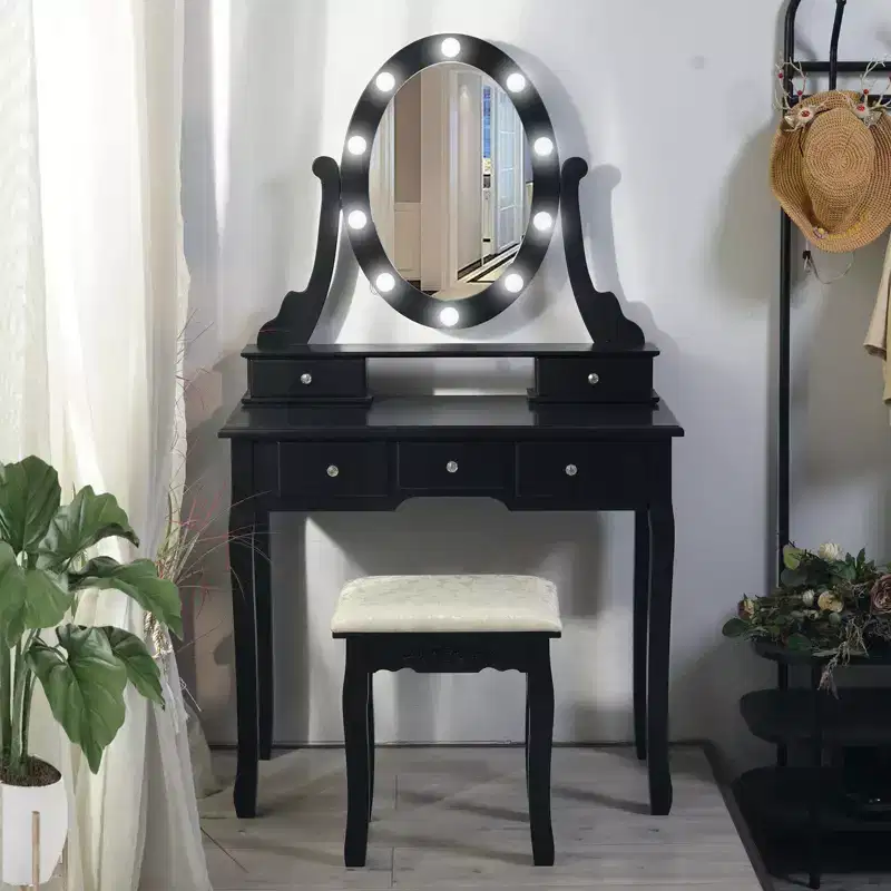 Vanity Desk, Girls Vanity Set with Lighted Mirror and Stool, Makeup Table with 5 Drawers,Vanity Dressing Table