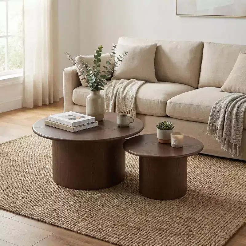 Coffee Table Set of 2, MDF Round Coffee Table for Living Room, Apartment, Leisure Area Walnut