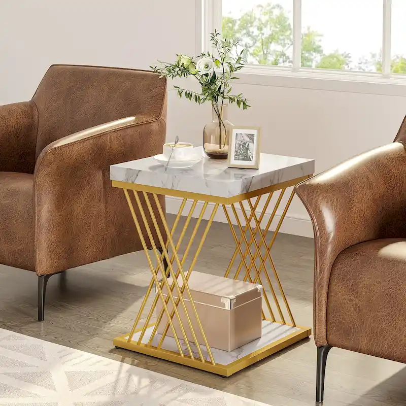Modern White Gold Side Table Square End Table