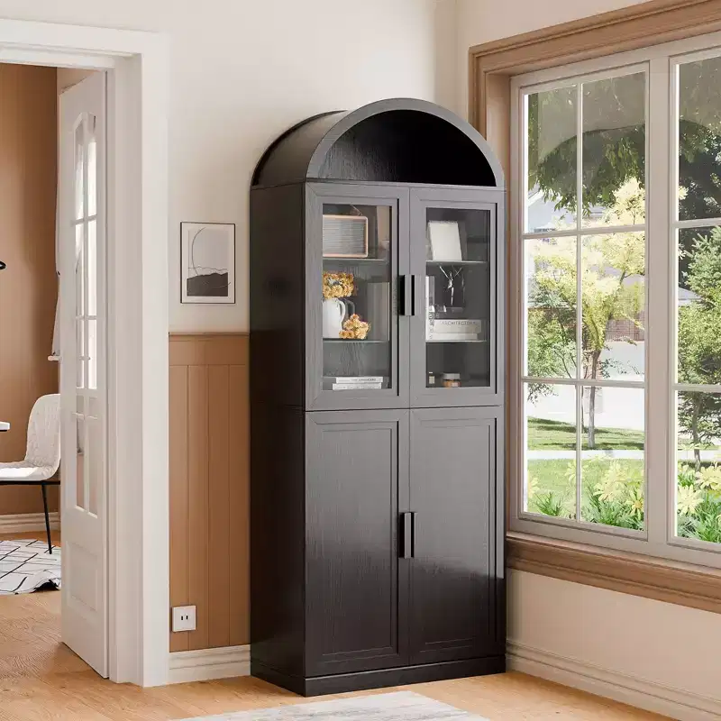 Arched Display Cabinet Freestanding with Glass Doors & Adjustable Shelves Wood Storage Curio Cabinet for Living Room Home Office Dining Room