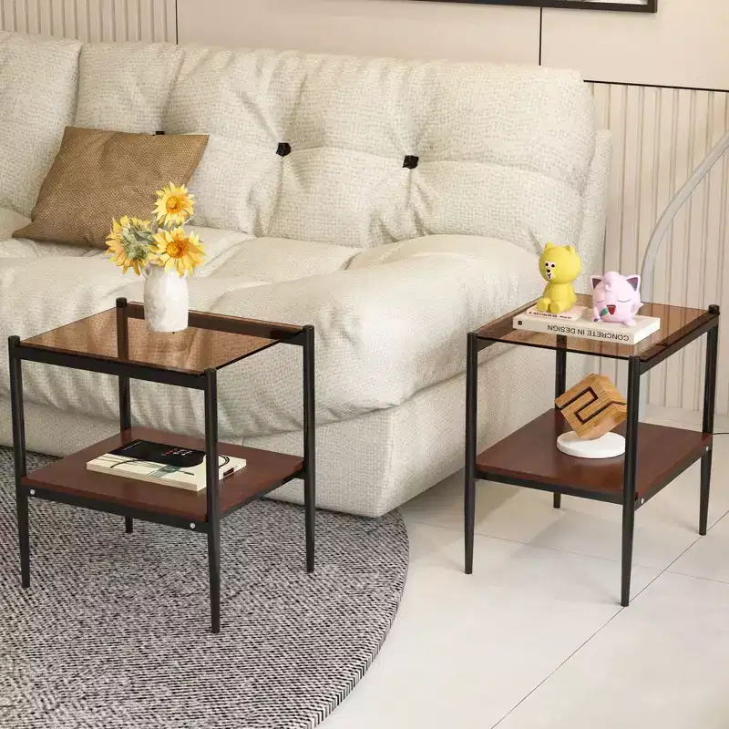 MAYEERTY Set of 2 Rectangle End Table with Tempered Glass Tabletop, for Living Room, Brown Glass