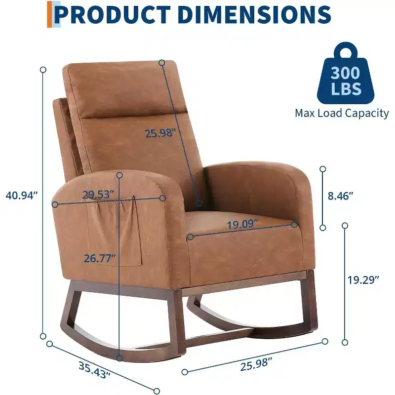Modern Rocking Chair High Backrest, Armrests, Side Pockets,Teddy Fleece Accent, Sturdy Wood Legs,Rocking Accent Armchair for Living Room, Bedroom