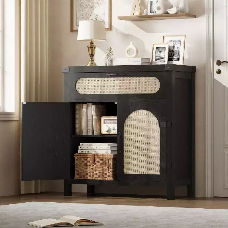 29.9 Small Rattan Buffet Cabinet with Drawer & Adjustable Shelves, Boho Farmhouse Sideboard, Kitchen Coffee Bar Cabinet with Doors, Black