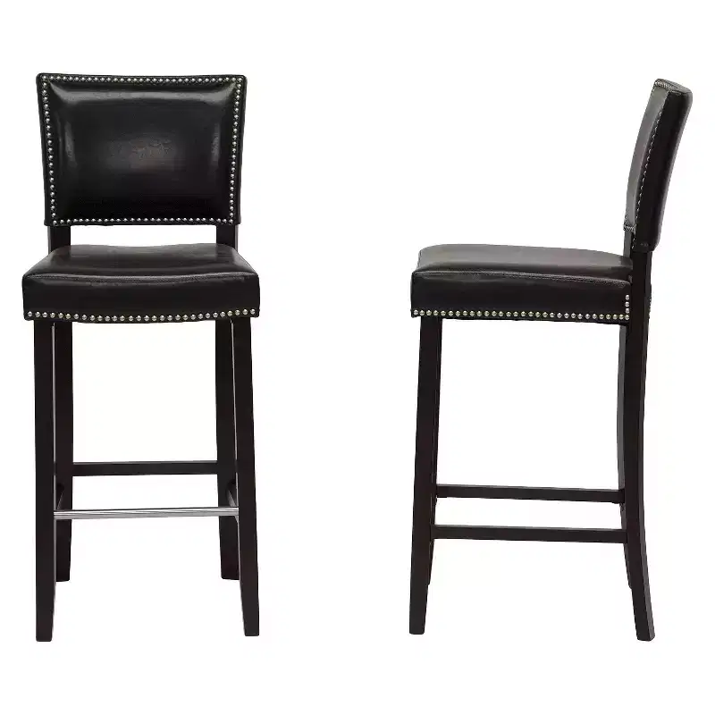 Modern Barstools Set of 2, Nailhead Trim, Black Vinyl, Wood Frame, 30.5