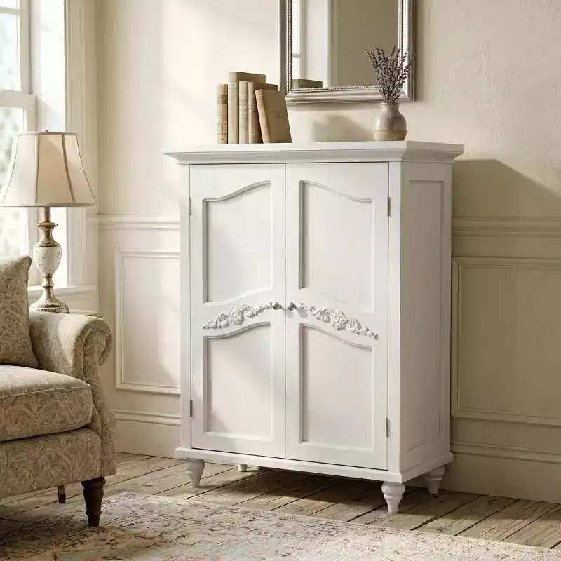 Teamson Home Versailles White Floor Storage Cabinet, Freestanding 2-Door Organizer with Adjustable Shelves
