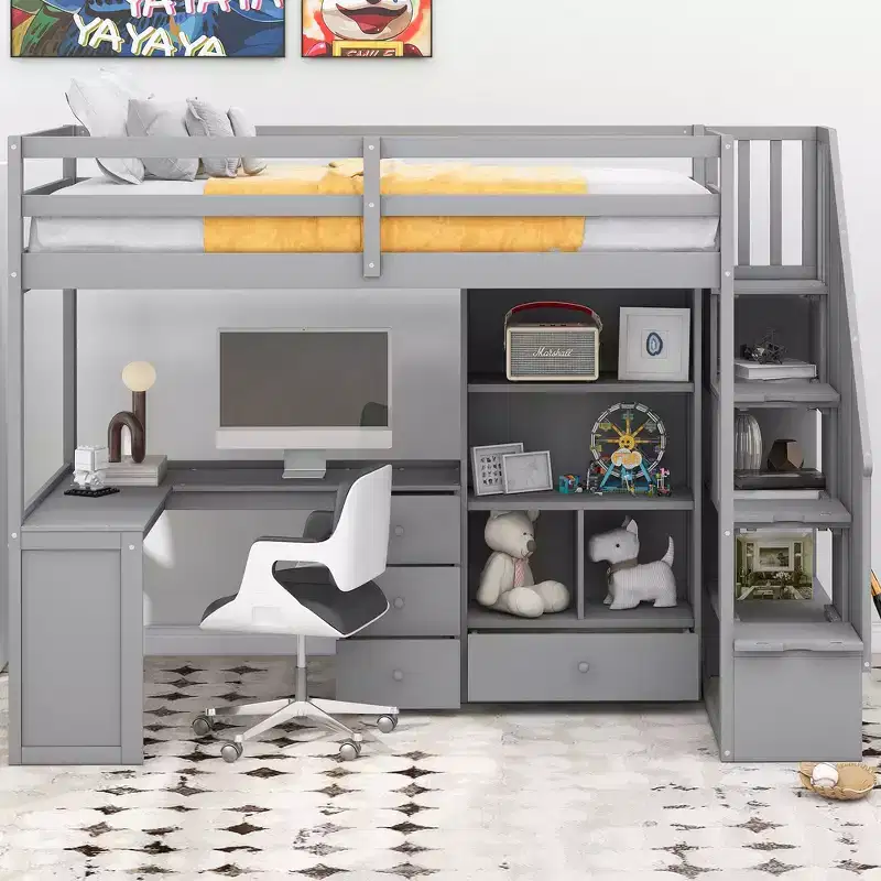 Twin Size Loft Bed with L-Shaped Desk, 3 Drawers, Cabinet, Staircase Storage, Solid Pine/MDF Build