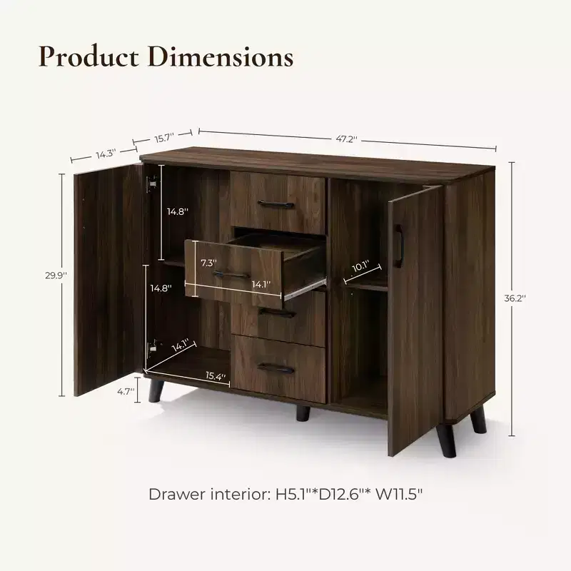 LuxenHome 47.2 W Accent Cabinet with Doors, Mid-Century Storage Cabinet for Living Room, Dining Room, Entryway, Dark Walnut