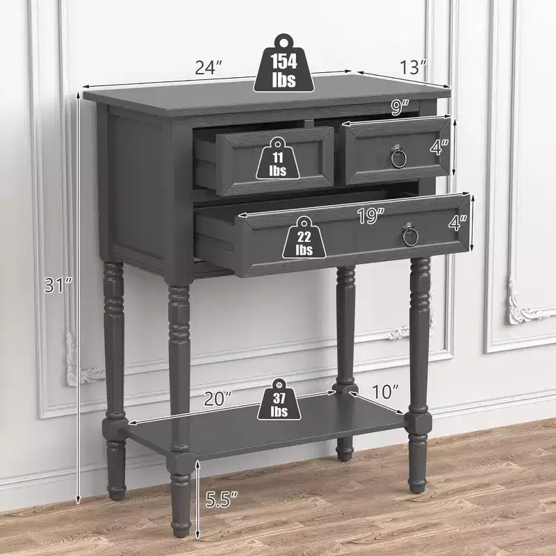 Costway Console Entryway Table w/ 3 Drawers Open Shelf for Hallway Living room Dark Grey
