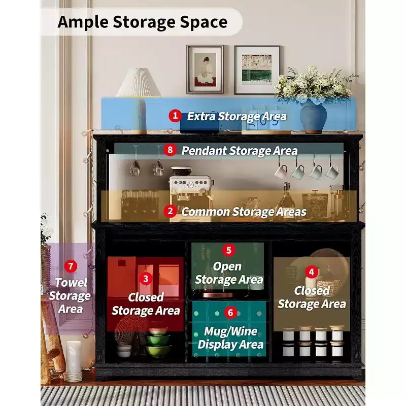 55 Black Farmhouse Coffee Bar Cabinet - Power Outlet & LED Light, Sliding Barn Door, 12-Bottle Wine Rack, 2-Tier Drawers