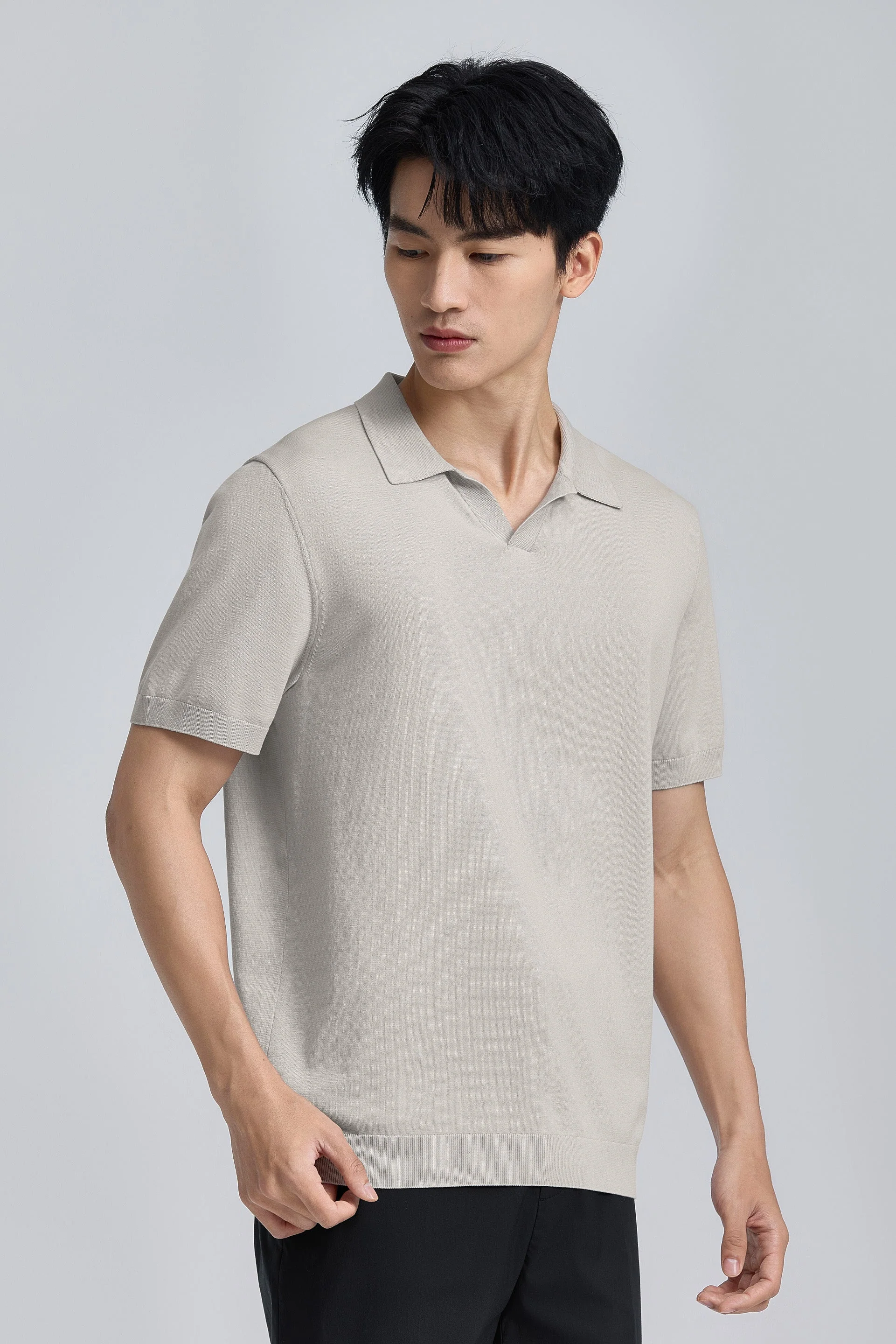 Flat-Knit Buttonless Sweater Polo – Silver Grey