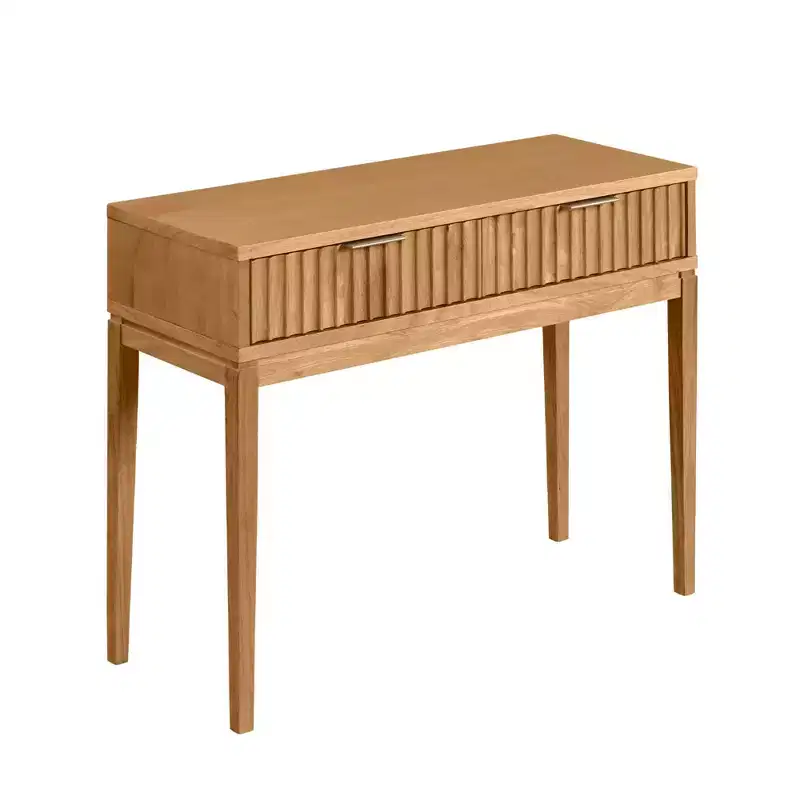 Fluted 2-Drawer Console Table – Tapered Legs, Brass Handles, Mid-Century Modern