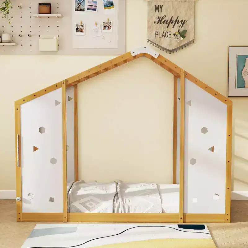 Twin Size 2-in-1 Montessori Floor Climbing Bed with Monkey Bars for Boys and Girls