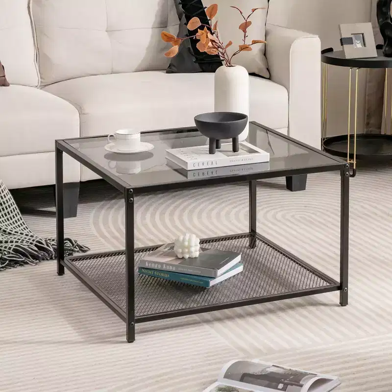Glass Coffee Table 27.5 Inch 2-Tier Square with Mesh Shelf Living Room Grey/Transparent