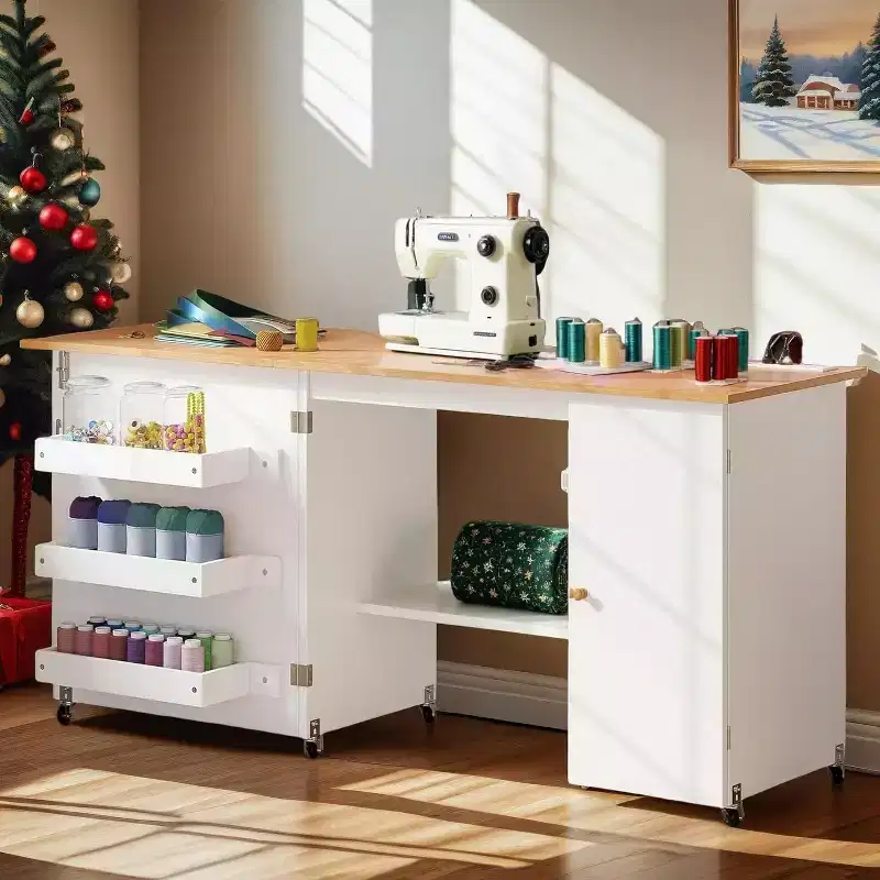 Large Folding Sewing Table, Multipurpose Portable Craft Station & Side Desk w/Compact Design, Caster Wheels, Storage Shelves, Storage Trays