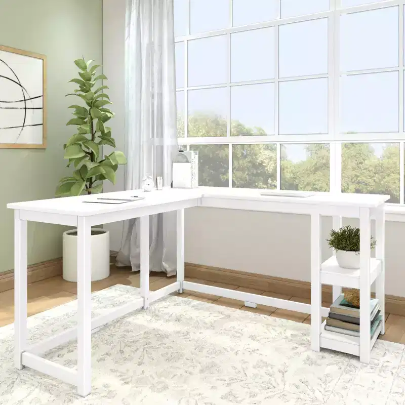 Plank+Beam Solid Wood Corner Desk for Home Office, Gaming, Computer with Storage Shelves