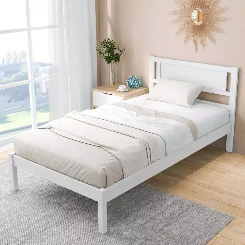 Twin/Full/Queen Wooden Platform Bed with 12 Slats Headboard & Under Bed Storage White