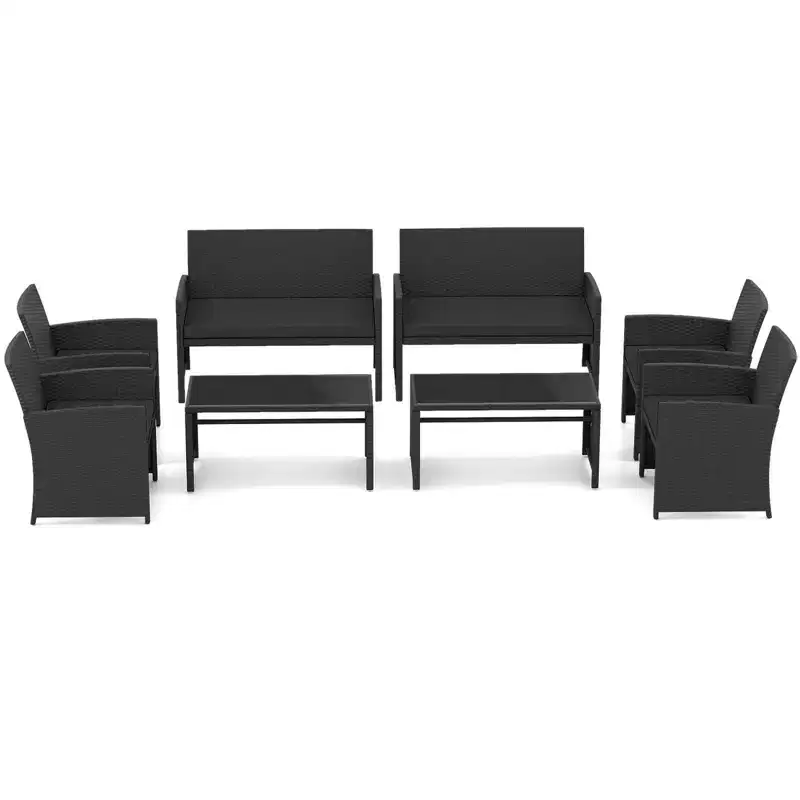 Costway 8 PCS Patio Conversation Set with Seat Cushions & Tempered Glass Tabletop, Outdoor Red/Black/Off-white/Gray/Turquoise/Navy