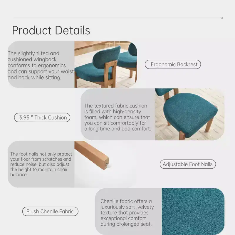 PexFix Wooden Dining Chairs Set of 2 Modern Fabric Upholstered Dining Room Chair Kitchen Chairs Farmhouse Dinner Chair for Kitchen Dining Room Teal