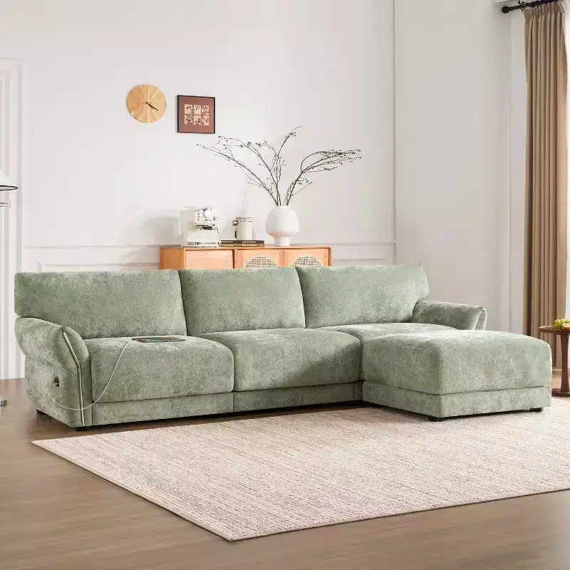 L-Shaped Sectional Sofa Set with Ottoman, 3-Seat Chenille Couch with Extra-Wide Seat and USB, 110