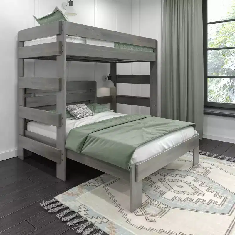 Solid Wood Bunk Bed, L-Shaped Twin over Full Size Bed Frame for Kids Modern Farmhouse