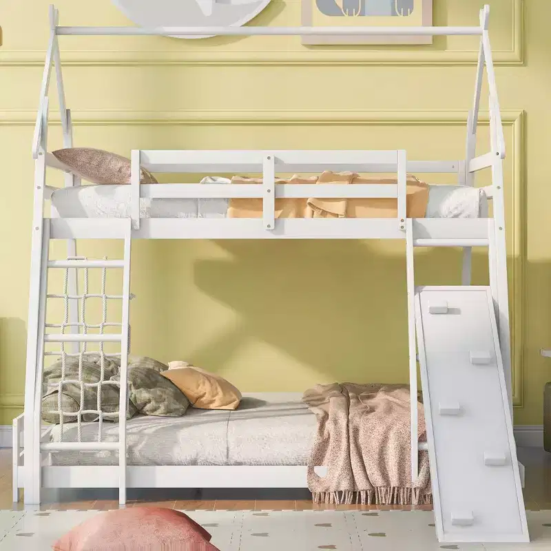 Twin Over Queen House Bunk Bed with Climbing Nets and Ramp