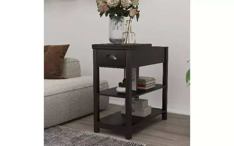 TUYOHW Retro Narrow Side Table with 180 Open Storage Cabinet, Bedroom Nightstand with Bottom Shelf, Sturdy MDF End Table for Living Room