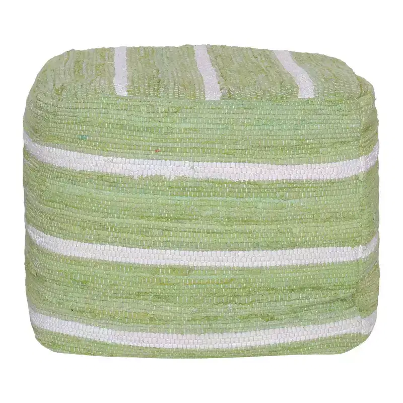 18 Green And White Cotton Cube Striped Pouf Ottoman