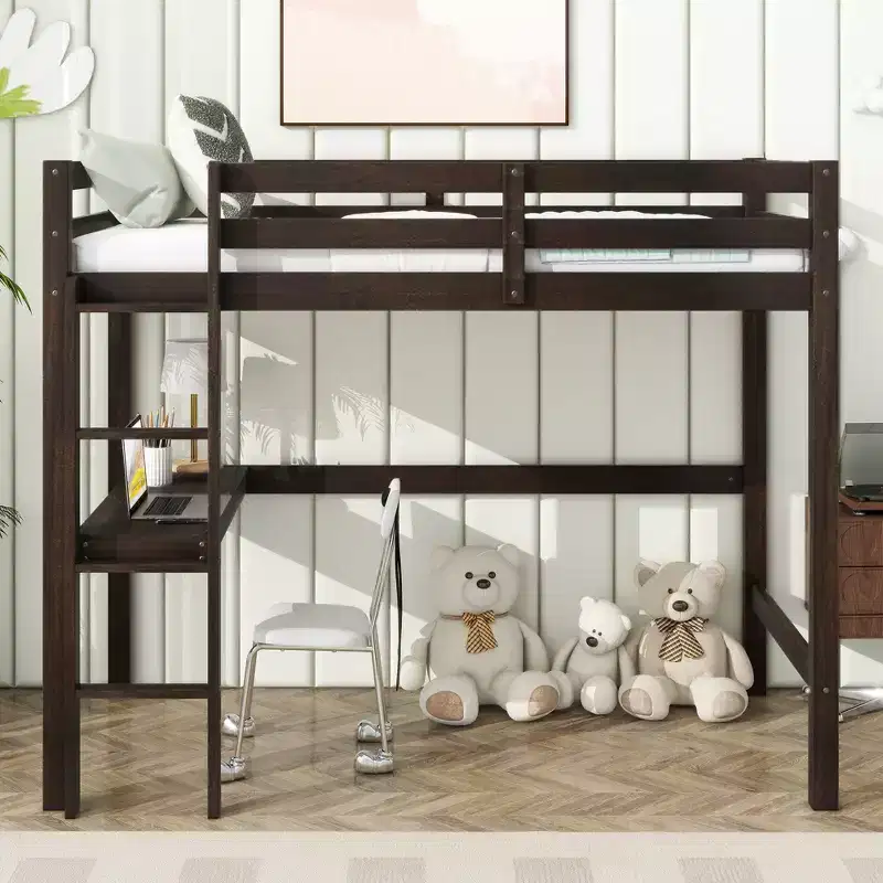 Twin Loft Bed with Built-in Desk, Safety Guardrails & Ladder – Brown