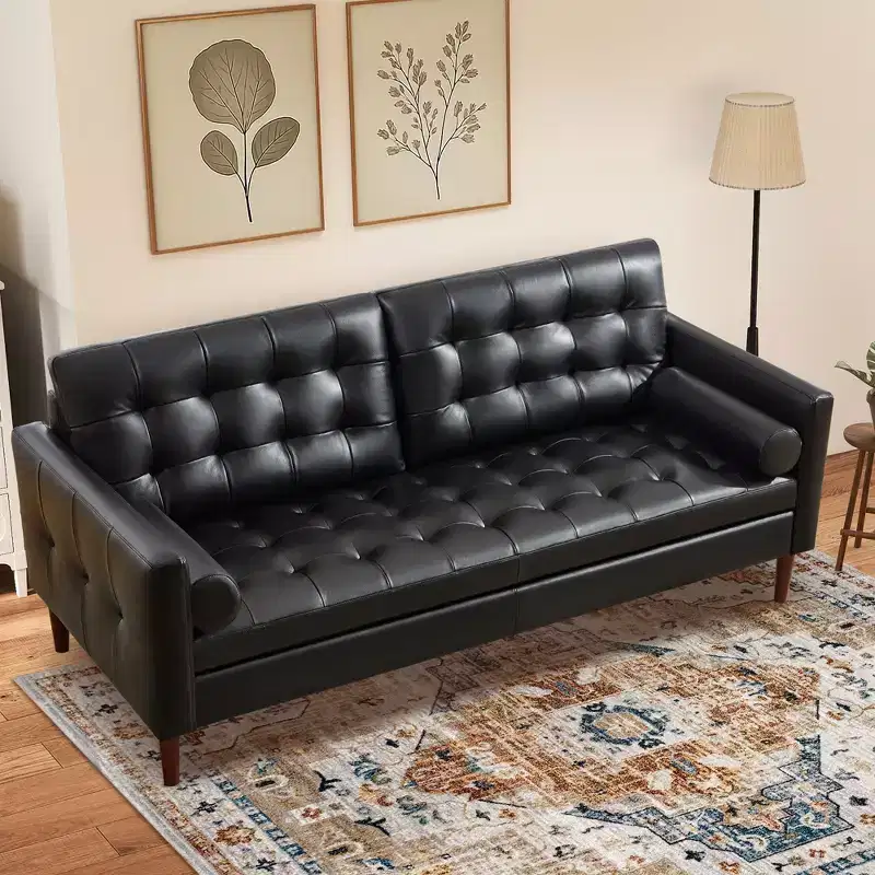 Mid-Century Modern Genuine Leather Sofa, 3-Seat Couch for Living Room