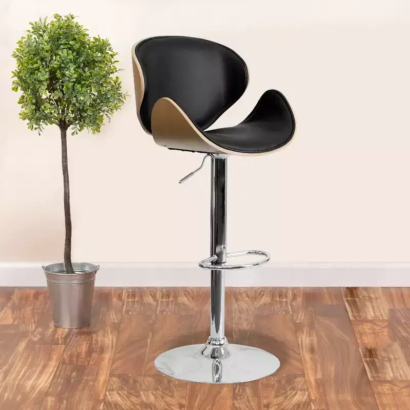 Emma and Oliver Bentwood Adjustable Height Barstool with Curved Vinyl Seat/Back