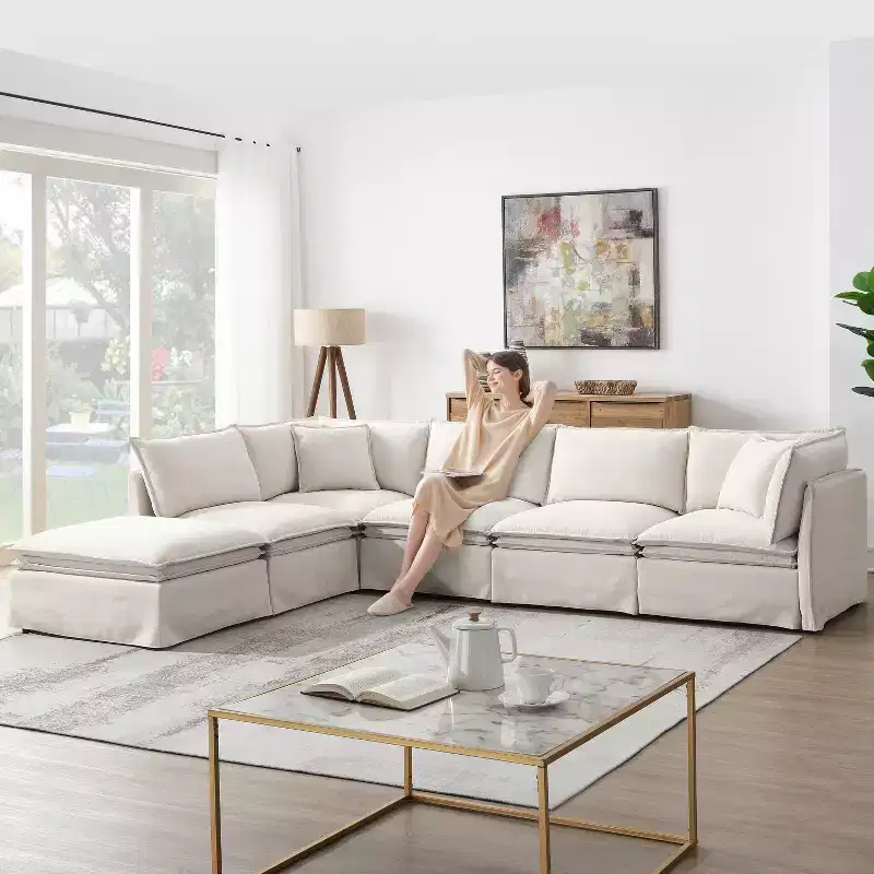125.5'' 6-Seat Modular Chenille Sectional Sofa, Wide Seat with Movable Ottoman, Oversized Couch for Living Room or Apartment