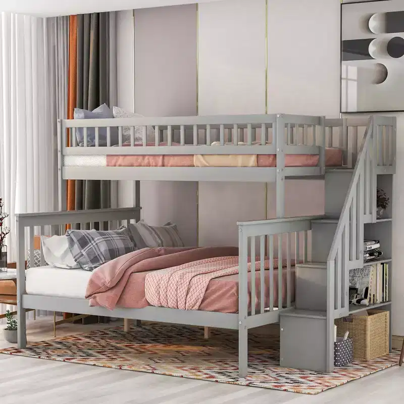 Twin over Full Loft Bed with Stairs, Solid Wood Stairway Bunk Bed with Storage and Guard Rail for Kids Teens Adults