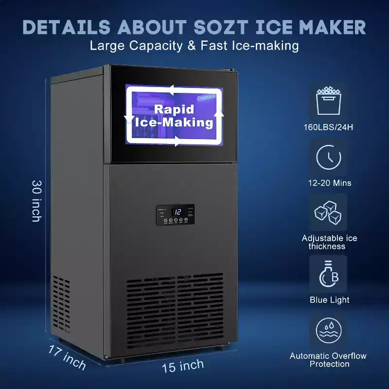 Hooure 160 lbs/Day Commercial Ice Maker - 15-Inch with 35 lbs Storage Capacity, Black Finish