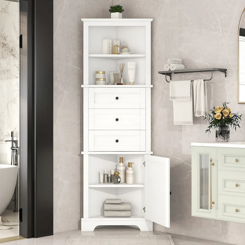 Triangle Tall Cabinet with 3 Drawers and Adjustable Shelves, MDF Board with Painted Finish